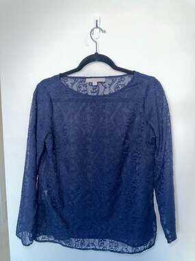 LOFT Ann Taylor Navy Blue Sheer Long Sleeve Embroidered Lace Blouse Petite Mediu